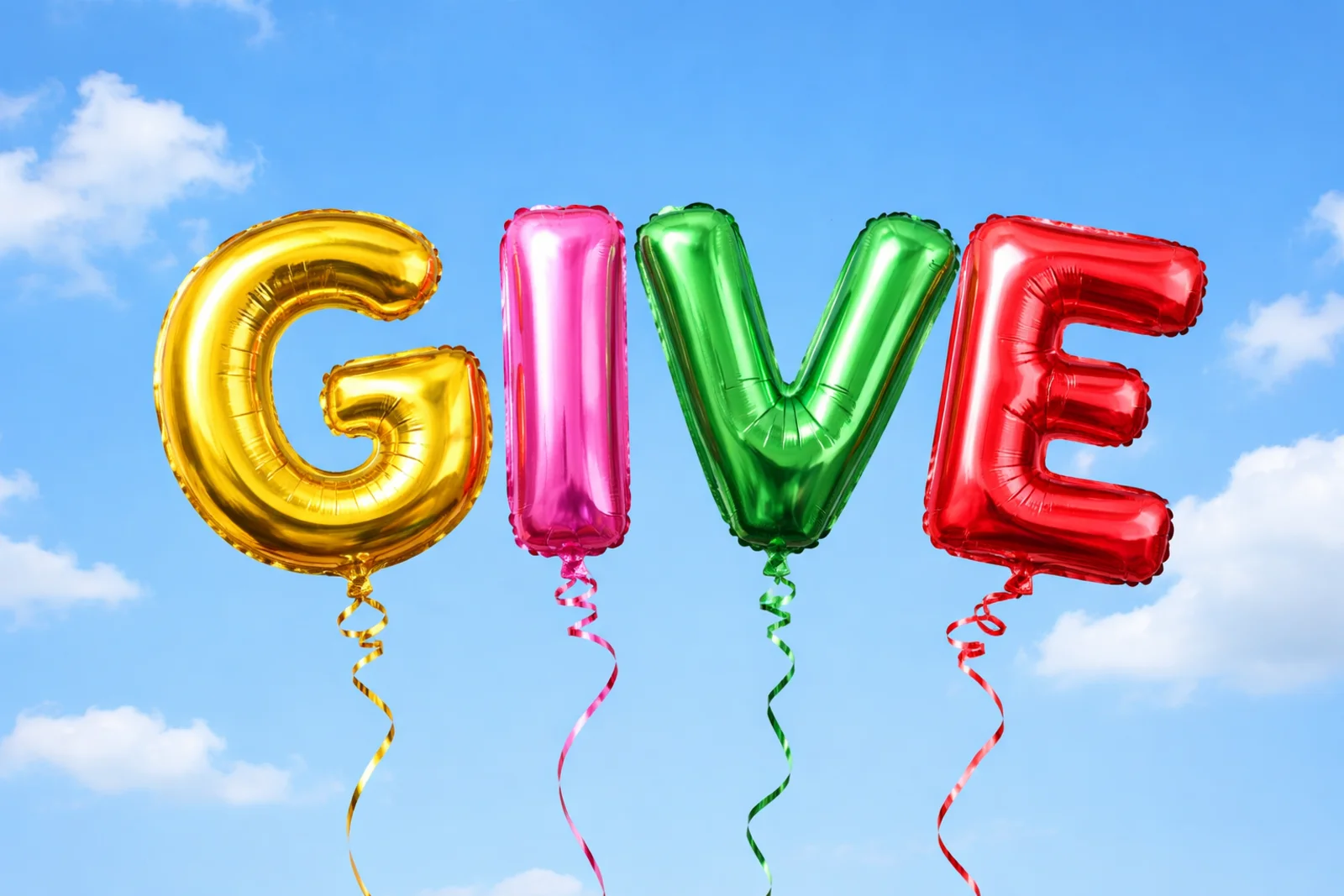 Colorful foil balloon letters spelling GIVE against a blue sky