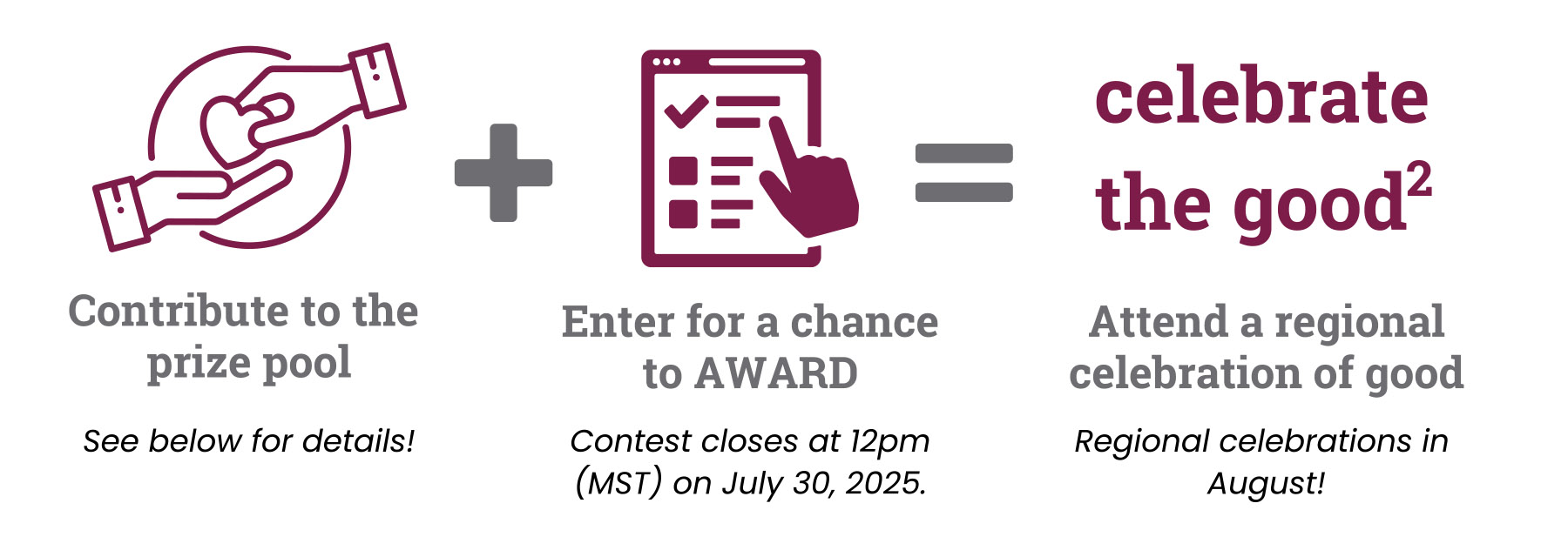 Contribute to prize pool + enter for chance to award + attend a regional celebration graphic