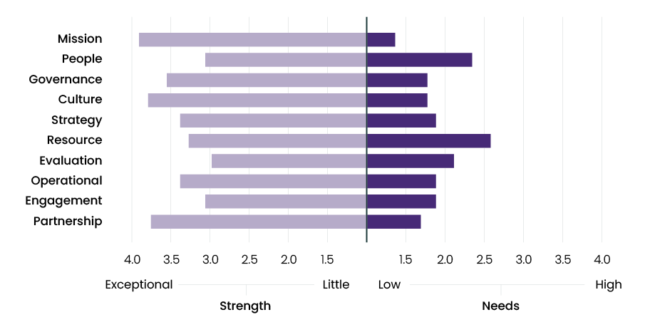 Diverging bar chart rating 10 nonprofit capacity domains on a scale from Exceptional Strength to High Needs. Resource and People show the greatest needs; Mission and Partnership show the greatest strengths.
