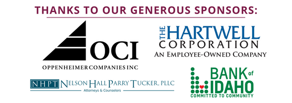 Background: A series of logos - Caption: Thanks to our generous sponsors: Oppenheimer Companies Inc, The Hartwell Corporation, Nelson Hall Parry Tucker, PLLC, Bank of Idaho