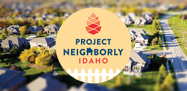 Background: Neighborhood with streets and houses - Caption: Project Neighborly Idaho