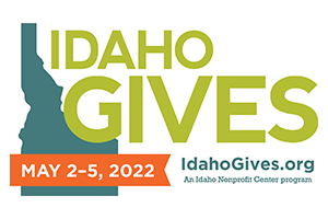 Background: Shape of Idaho - Caption: Idaho Gives; May 2-5, 2022; www.IdahoGives.org