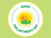 Background: White circle with trees and sun - Caption: Idaho Philanthropy Day
