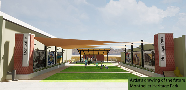 Background: Montpelier Heritage Park rendering - Caption: Artist’s drawing of the future Montpelier Heritage Park.