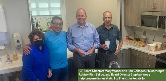 Background: Mary, Ron, Rich and Stephen in a kitchen - Caption: ICF Board Directors Mary Vagner and Ron Gallegos, Philanthropic Advisor Rich Ballou, and Board Director Stephen Weeg help prepare dinner at Aid For Friends in Pocatello