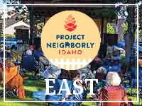 Background: Group of people in the park looking towards a stage - Caption: Project Neighborly Idaho: East