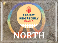 Background: Multi-colored peace sign - Caption: Project Neighborly Idaho: North 