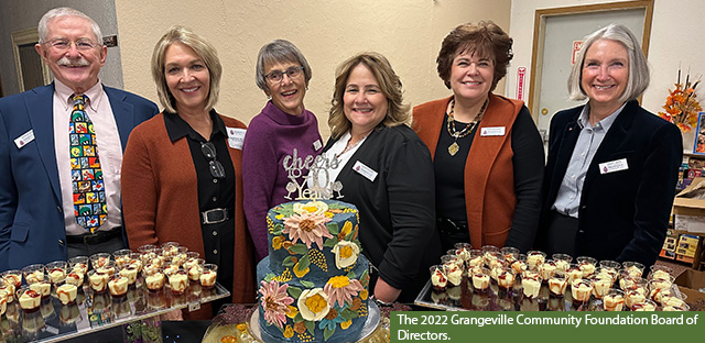 Background: A group of people at a party. - Caption: The 2022 Grangeville Community Foundation Board of Directors.