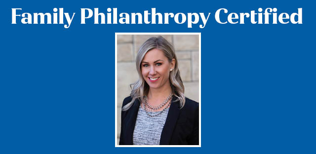 Background: Blue with a picture of Lisa Bearg - Caption: Family Philanthropy Certified