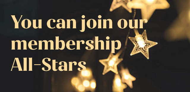 Background: Dark Background with stars illuminated by lights - Caption: You can joint our membership All-Stars