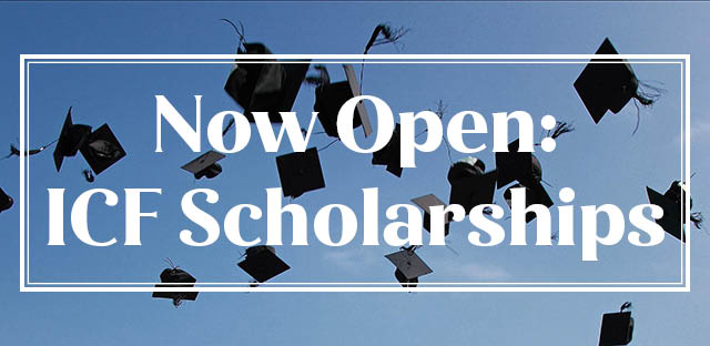 Background: Sky with Graduation Caps - Caption: Now Open: ICF Scholarships