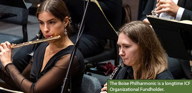 Background: Two women playing musical instruments - Caption: The Boise Philharmonic is a longtime ICF Organizational Fundholder.