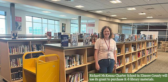 Background: School Library - Caption:Richard McKenna Charter School in Elmore County will use its grant to purchase K-8 library materials. 
