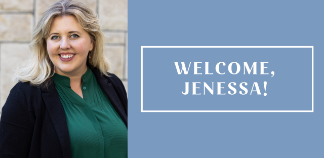 Background: Jenessa in front of ICF House - Caption: Welcome, Jenessa!